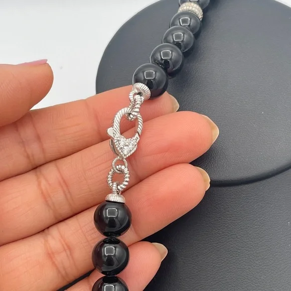 Judith Ripka Heavy 10mm Onyx Bead Necklace Sterling Silver CZ Center Piece 18” - Picture 6 of 9